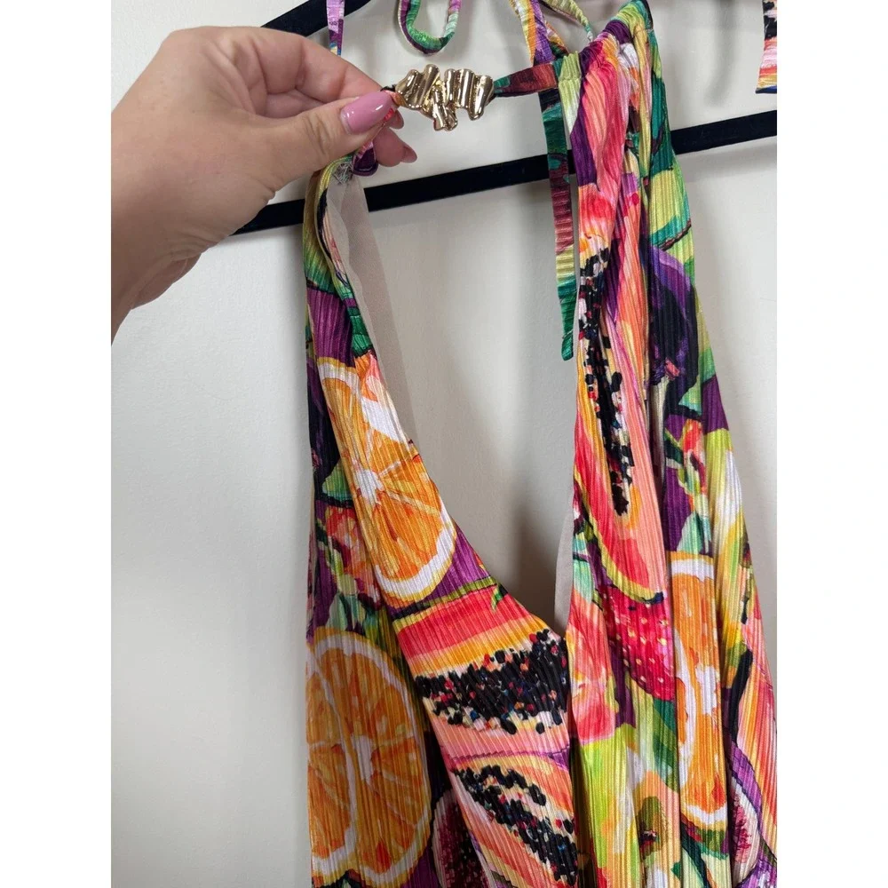 Show Me Your Mumu Fruit Print Pleated Halter Mini Dress Tropical Summer - Picture 4 of 5